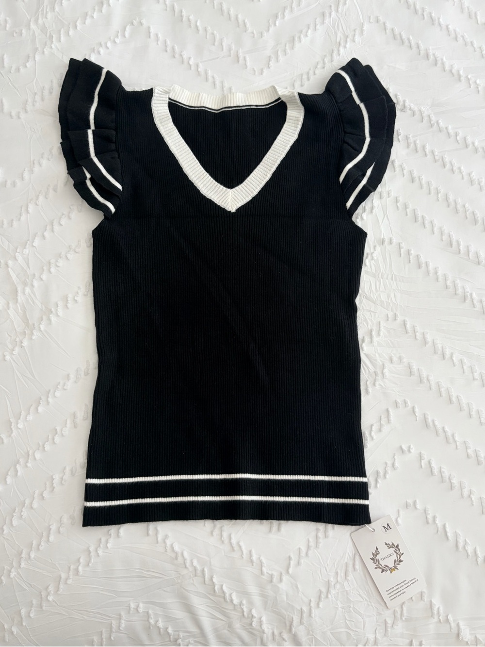 NWT Black Ribbed V-Neck Flutter Sleeve Sweater Top with White Trim